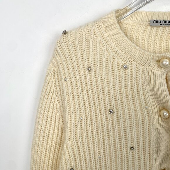 Miu Miu Womens Beige Pearl & Crystal Embellished Button-Up Cardigan Sweater Ribb - Picture 3 of 7